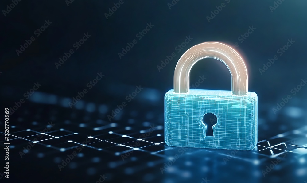 Poster Digital padlock symbolizing cybersecurity and data protection on a tech background.
