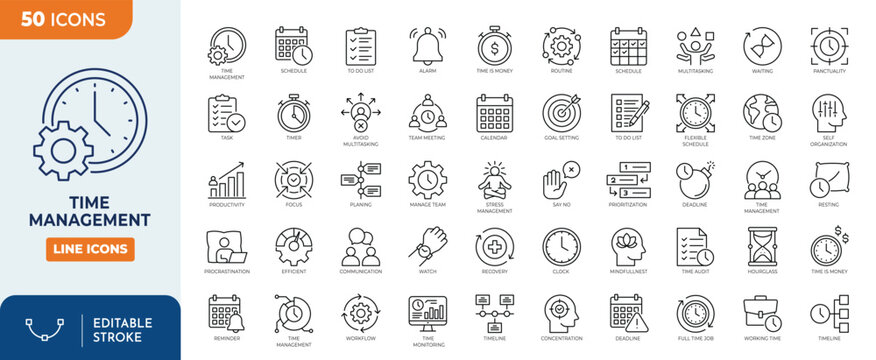 Time management line editable icon set. Containing schedule, to-do list, task, manage time, planner, calendar, delegation, reminder, timer, set priorities and more. Vector illustration - Powered by Adobe