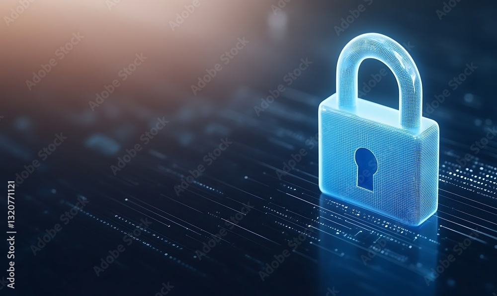 Poster Digital padlock symbolizing cybersecurity and data protection on a tech background.