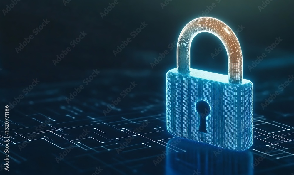 Poster digital padlock on a circuit board background symbolizes cybersecurity and safety.