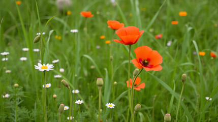 Fototapeta premium Meadow with poppy flowers as nature background.