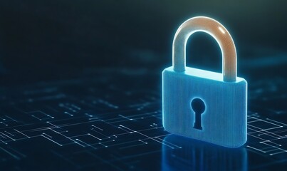 Fototapeta premium Digital padlock on a circuit board background symbolizes cybersecurity and safety.