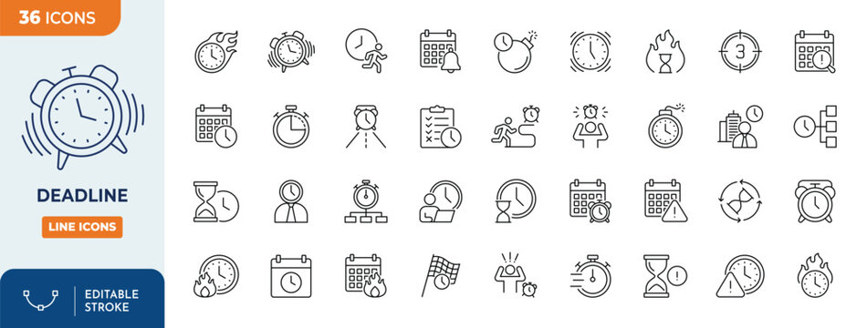 Deadline icon set. Containing alarm, calendar, clock, and more. Outline Icon Collection. Vector illustration. Editable stroke	