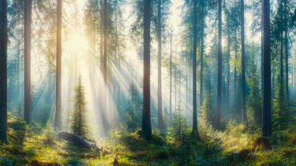 Obraz premium Mystical woodland sunrise, sunbeam illuminating a tranquil forest floor, evoking peace and natural beauty for nature appreciation prints.