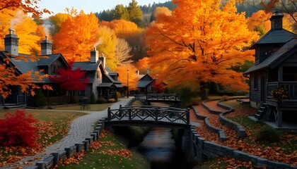 countryside village in autumn, with golden and red maple leaves covering the cobblestone paths, Made by Ai