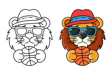 Learn to color Brightly colored lion cartoon characters displaying basketball passion in a fun and vibrant style for kids.