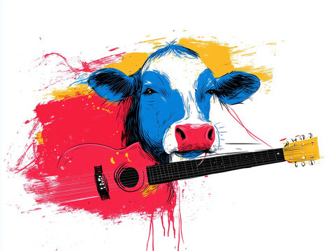 Creative cow plays guitar with vibrant colors splashing in a rhythmic display at an artistic event