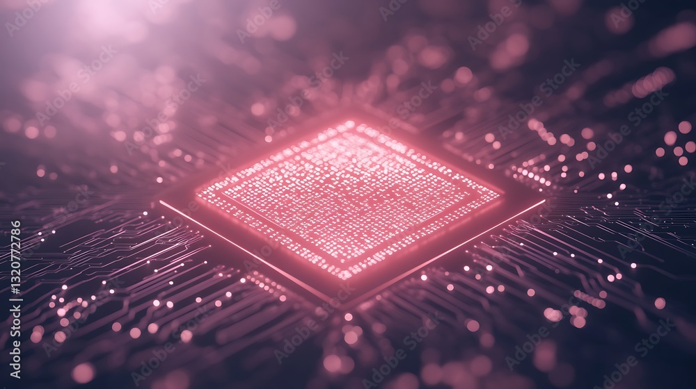 Poster futuristic circuit board with glowing pink microchip design.