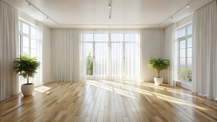 Fototapeta premium Bright Minimalist White Room Interior Design: Wooden Floor, Large Windows, Soft Curtains