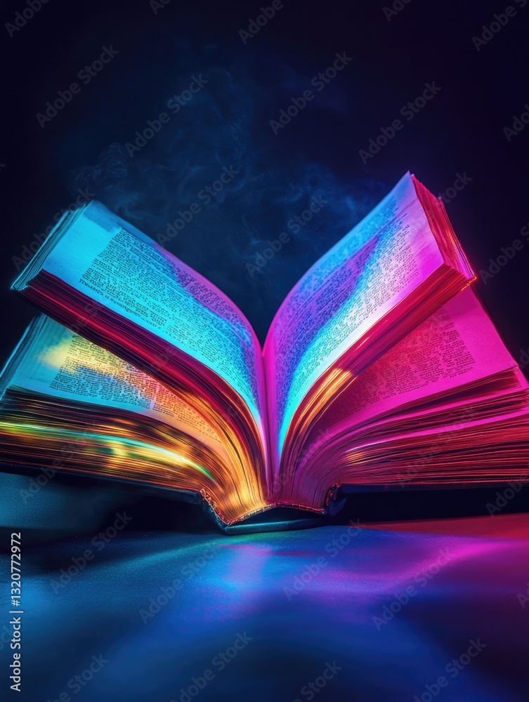 Poster an open book illuminated by a vibrant glow, suitable for use in educational or inspirational setting