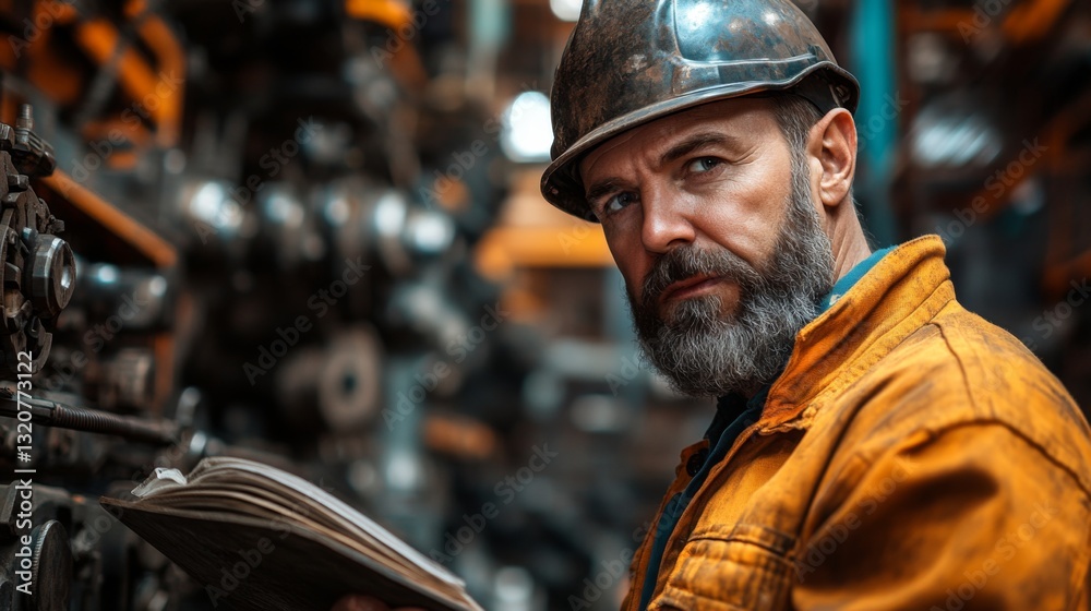 Poster a worker with a beard and hard hat examines technical documents in an industrial setting. machinery 