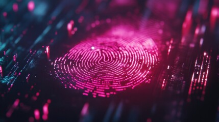 A futuristic concept of fingerprint authentication with digital data visualization overlay.