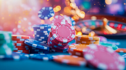 Gambling night concept: stacks of poker chips and roulette wheel, risking luck in a casino or gambling establishment for promotional material