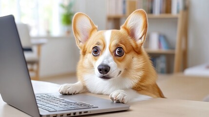 Adorable Corgi Dog at a Laptop in a Bright Home Office