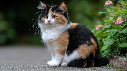Bicolor persian chinch cat garden hyperrealistic photograph colorful flowers close-up view pet photography
