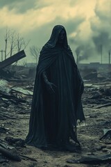 A silent demon weeps, cloaked in shadows, embodying the spirit of a robed fiend in a hauntingly serene moment.