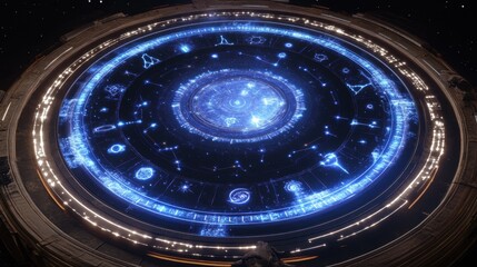 A futuristic digital display of the zodiac wheel with animated constellations