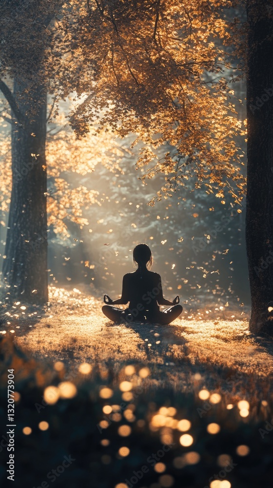 Poster a person sits in the midst of a dense forest, surrounded by trees and foliage