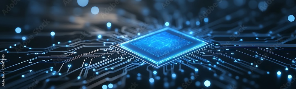 Poster Close-up of a microchip with glowing circuits on a dark background.
