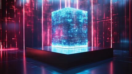 A Glowing Digital Cube Displayed on a Dark Platform