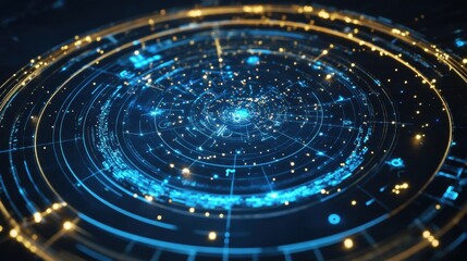 A futuristic digital display of the zodiac wheel with animated constellations