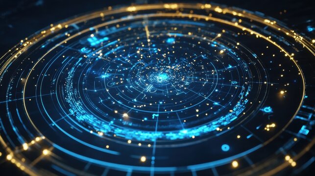 A futuristic digital display of the zodiac wheel with animated constellations