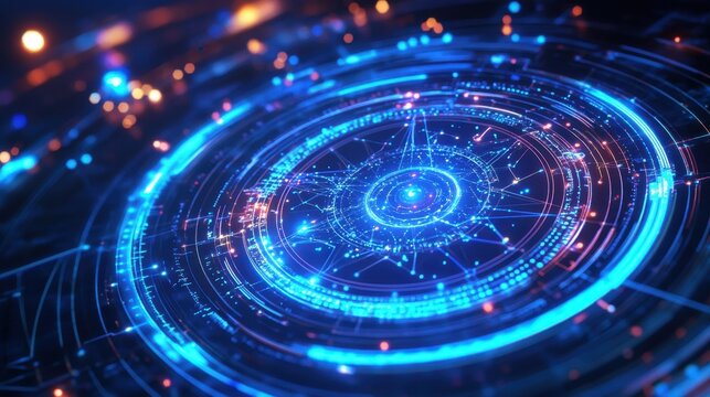 A futuristic digital display of the zodiac wheel with animated constellations