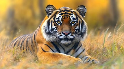 Majestic Tiger Lying in Tall Grass Under Soft Golden Light