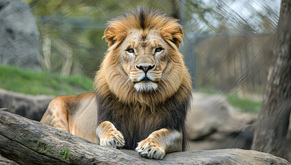 Obraz premium Radiant mane and powerful grace of a lion in the African savanna, presenting an awe-inspiring sight.