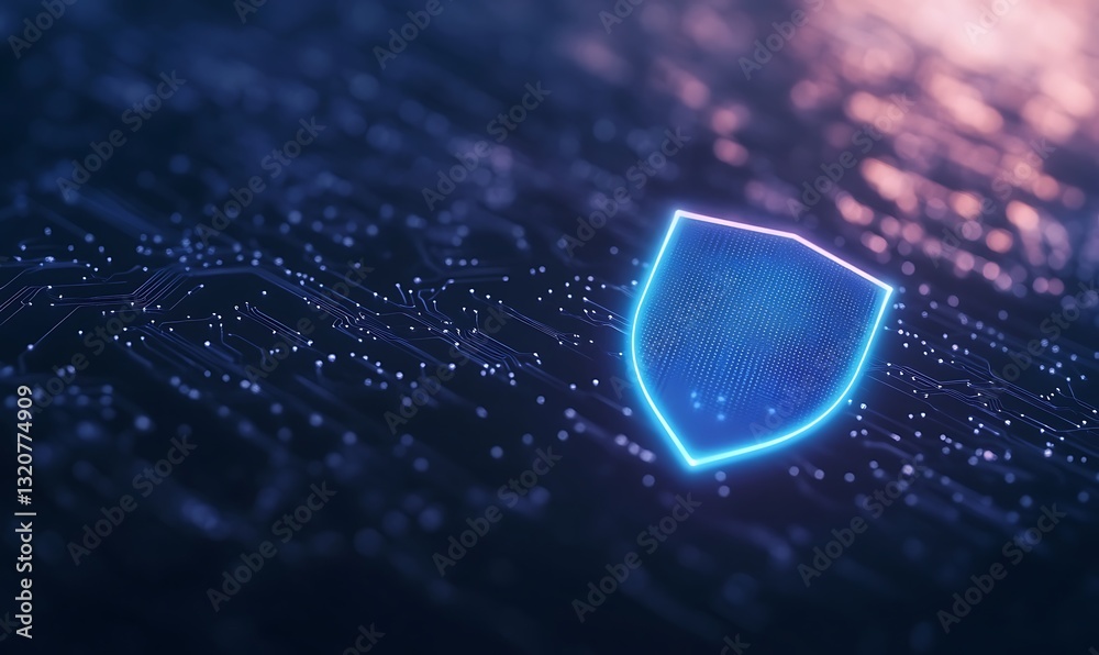 Poster Digital shield icon representing cybersecurity in a futuristic setting.