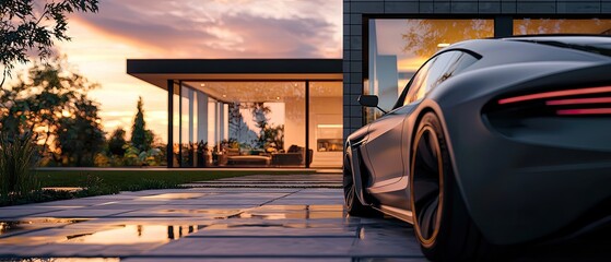 A sleek luxury car parked beside a modern house at sunset, showcasing contemporary architecture and an elegant outdoor space.