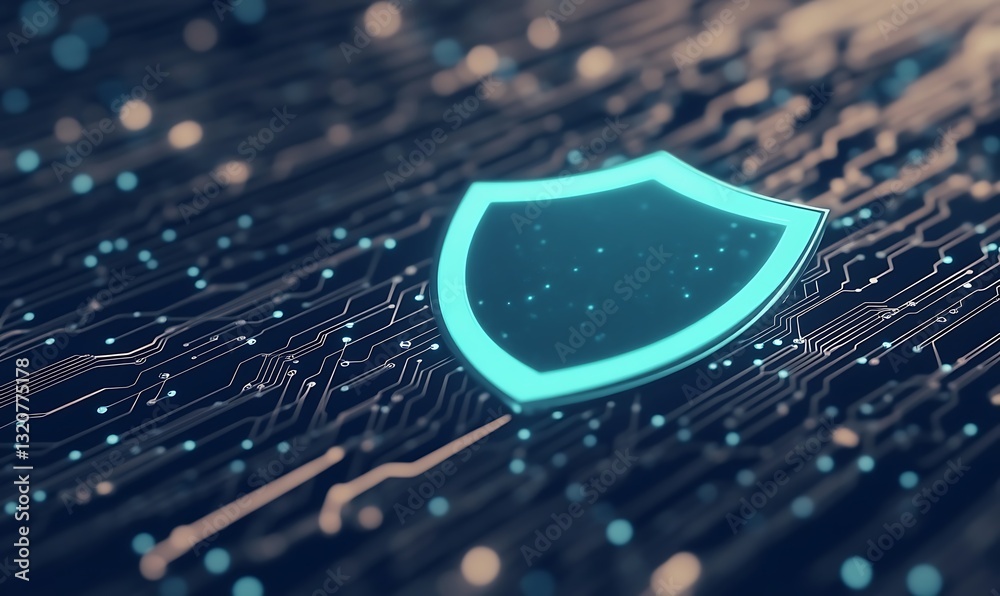 Fototapete Digital shield icon on a circuit board background representing cybersecurity and protection.