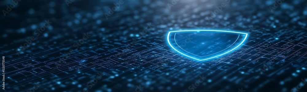 Poster Abstract digital shield design in a tech-inspired background.