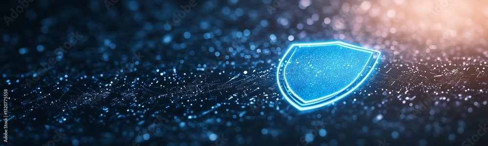 Poster Digital shield icon glowing against a dark background with particles of light.
