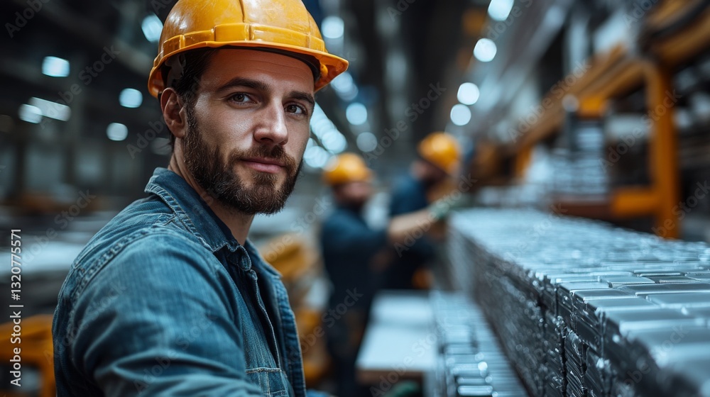 Poster a manufacturing professional, wearing a hard hat, focuses on tasks in a bustling factory. workers ar