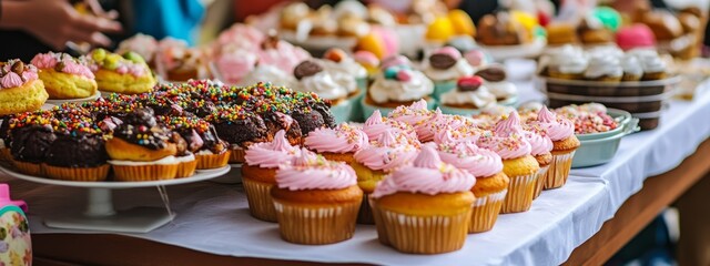Easter bake sale featuring homemade items in brown and pink