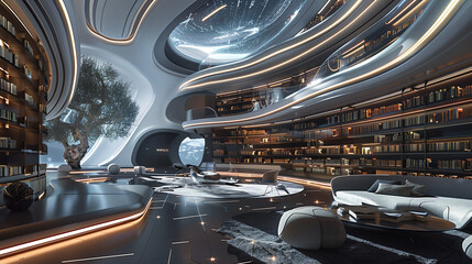 a futuristic library with holographic books