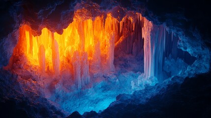 Glowing Ice Cave with Orange and Blue Stalactites and Stalagmites