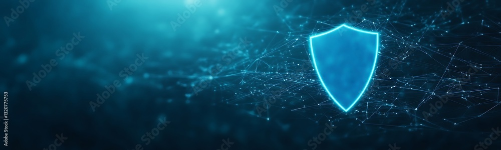Poster Digital shield glowing in a tech-inspired environment with particles surrounding it.