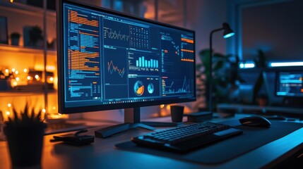 A futuristic workspace with a glowing screen displaying histograms, pie charts, and complex mathematical equations.