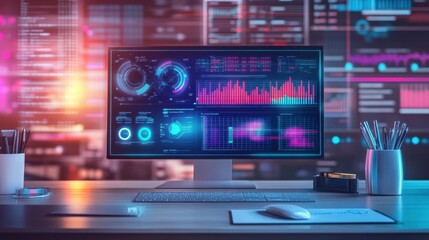 A futuristic workspace with a glowing screen displaying histograms, pie charts, and complex mathematical equations.