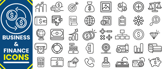  Business and Finance line  icons collection. Money, bank, contact, infographic, cash, saving, profit, budget, mutual fund, earning money and revenue icons.Finance icon set. Vector illustration.