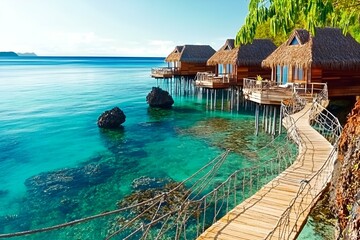 Obraz premium Exotic overwater bungalows with thatched roofs overlooking crystal-clear turquoise waters. A secluded tropical paradise offering luxury, relaxation, and breathtaking ocean views