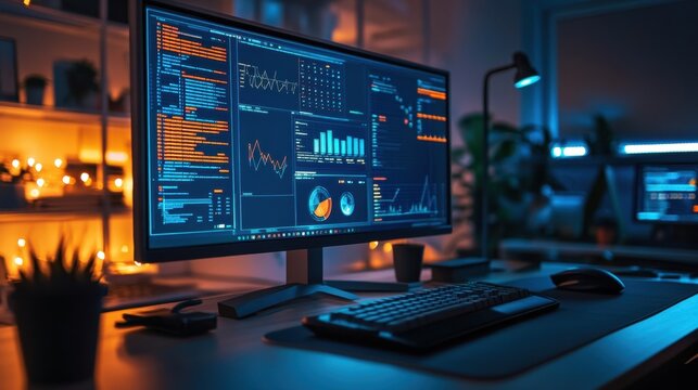 A futuristic workspace with a glowing screen displaying histograms, pie charts, and complex mathematical equations.