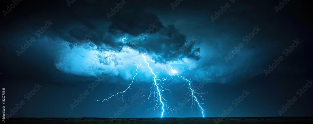 Poster dark sky concept. dynamic lightning strikes illuminate a dark stormy sky over calm waters.