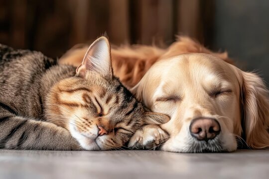 Serene Moment of a Cat and Dog Sleeping Peacefully Together in a Cozy Environment