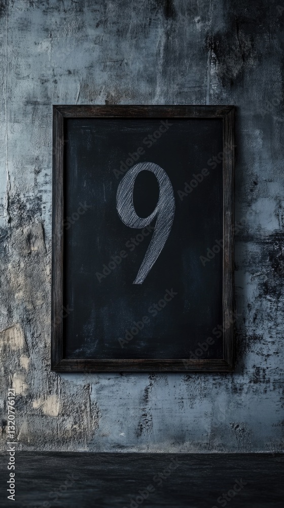 Poster a simple chalkboard with the number nine drawn in chalk, great for educational or instructional purp