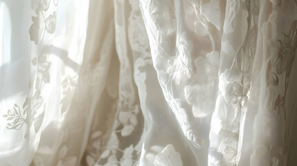 Obraz premium Close-Up of Elegant White Curtains with Floral Patterns
