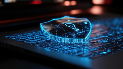 A glowing lock and shield hovering over a laptop, with blue binary code fading into the background.