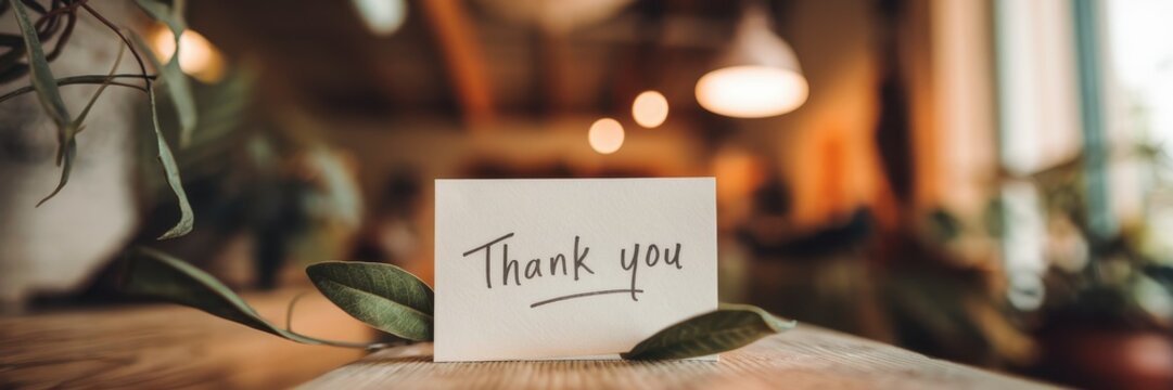 A heartfelt thank you note displayed on a rustic wooden surface, surrounded by soft greenery, creating a cozy and appreciative atmosphere.